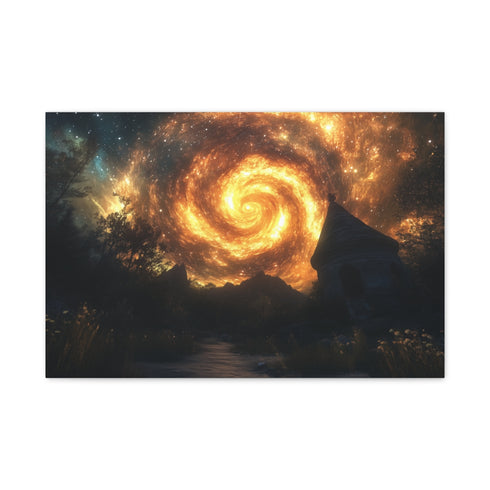 Flaming Spiral Galaxy over Lost Shrine — 24×16 Canvas Wall Art — Front Gallery-Wrapped Canvas View
