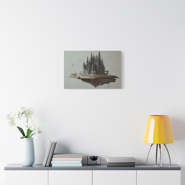 Floating Castle Made of Books and Ink (Edition II) — Stretched Canvas Wall Art — Living Room Wall Lifestyle View