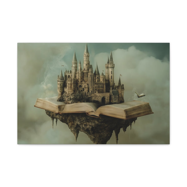 Floating Castle Made of Books and Ink — 24×16 Canvas Wall Art — Front Gallery-Wrapped Canvas View