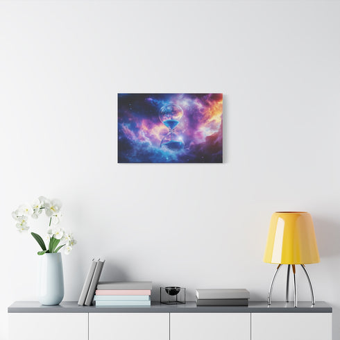 Floating Hourglass in Cosmic Nebula — Stretched Canvas Wall Art — Living Room Wall Lifestyle View
