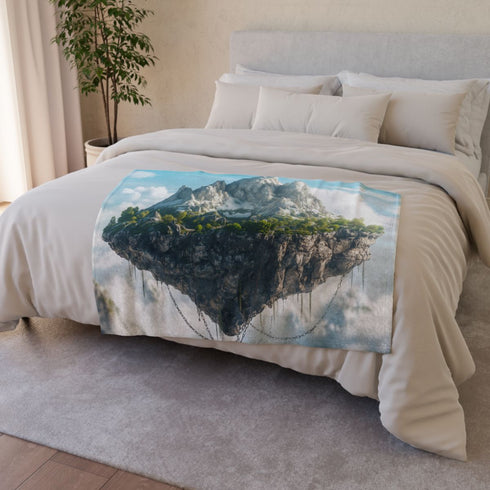 Floating Island Chained to Mountain — Plush Fleece Throw Blanket — Drape over Sofa & Bed Lifestyle View