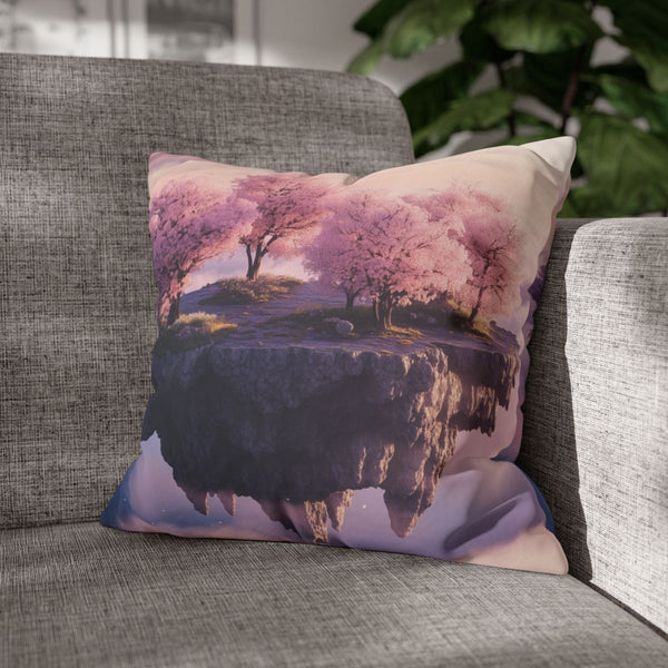 Floating Island with Cherry Blossom Trees (Edition II) — Double-Sided Cushion Cover — Sofa & Armchair Living Room Lifestyle View