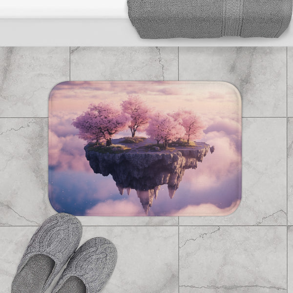 Floating Island with Cherry Blossom Trees (Edition II) — 61×43 Memory Foam Bath Mat — Modern Bathroom Floor Lifestyle View