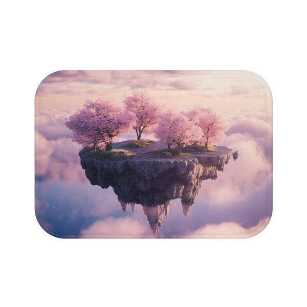 Floating Island with Cherry Blossom Trees (Edition II) — 61×43 Memory Foam Bath Mat — Top-Down Velvet Microfibre Artwork View