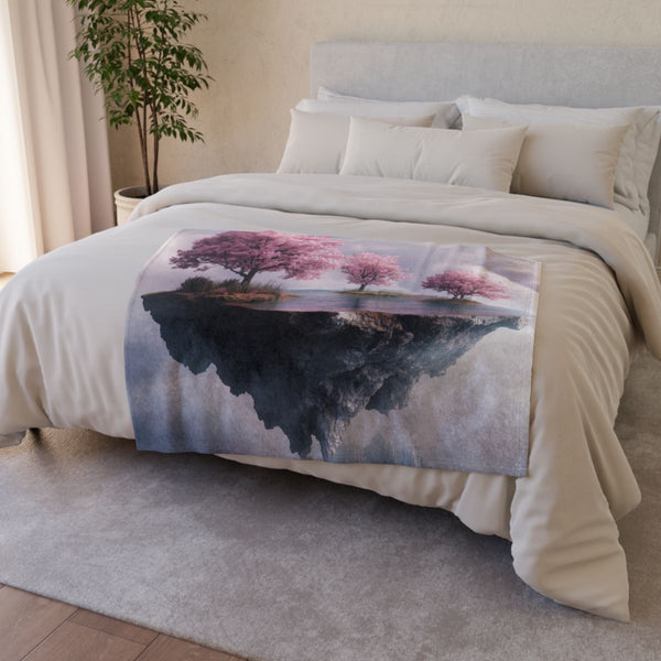 Floating Island with Cherry Blossom Trees (Edition II) — Plush Fleece Throw Blanket — Drape over Sofa & Bed Lifestyle View
