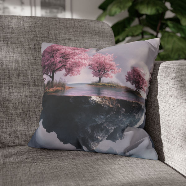 Floating Island with Cherry Blossom Trees (Edition III) — Double-Sided Cushion Cover — Sofa & Armchair Living Room Lifestyle View