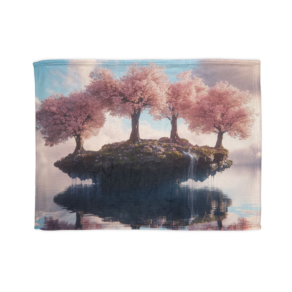 Floating Island with Cherry Blossom Trees (Edition III) — Plush Fleece Throw Blanket — Full Spread Plush Fleece Artwork View