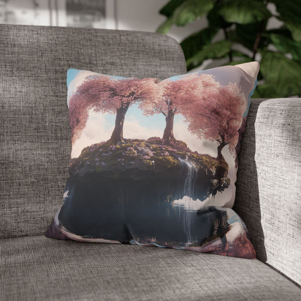 Floating Island with Cherry Blossom Trees (Edition IV) — Double-Sided Cushion Cover — Sofa & Armchair Living Room Lifestyle View