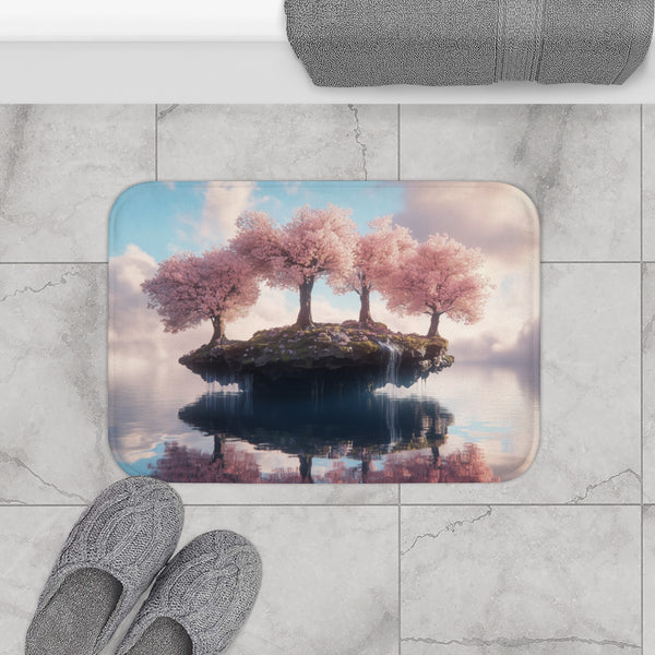 Floating Island with Cherry Blossom Trees (Edition IV) — 61×43 Memory Foam Bath Mat — Modern Bathroom Floor Lifestyle View