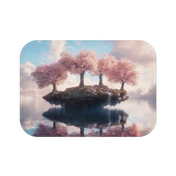 Floating Island with Cherry Blossom Trees (Edition IV) — 61×43 Memory Foam Bath Mat — Top-Down Velvet Microfibre Artwork View