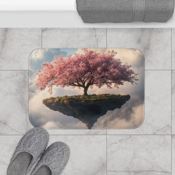 Floating Island with Cherry Blossom Trees — 61×43 Memory Foam Bath Mat — Modern Bathroom Floor Lifestyle View