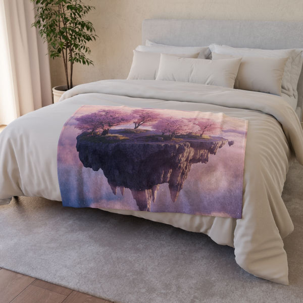 Floating Island with Cherry Blossom Trees — Plush Fleece Throw Blanket — Drape over Sofa & Bed Lifestyle View