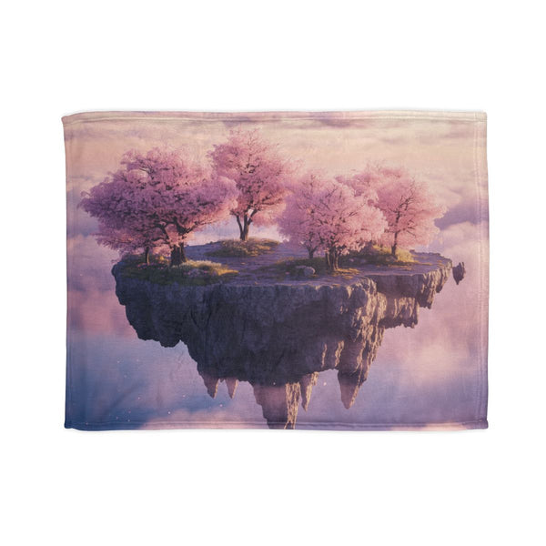Floating Island with Cherry Blossom Trees — Plush Fleece Throw Blanket — Full Spread Plush Fleece Artwork View