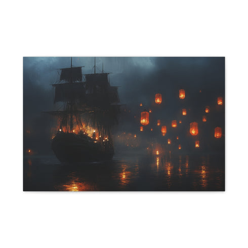 Floating Lanterns Guiding Ghost Ship — Canvas Wall Art — Front Gallery-Wrapped Canvas View