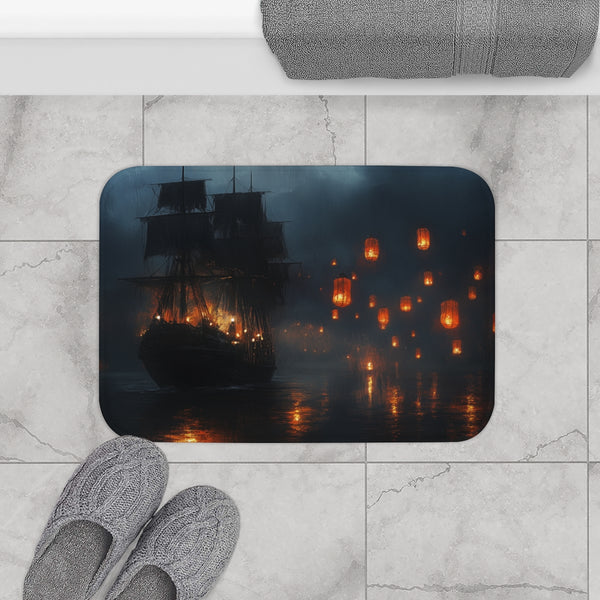Floating Lanterns Guiding Ghost Ship — Memory Foam Bath Mat — Modern Bathroom Floor Lifestyle View