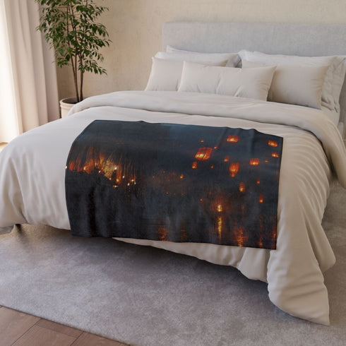 Floating Lanterns Guiding Ghost Ship — 50×60 Plush Throw Blanket — 300 GSM Plush Coral Fleece Texture Close-Up