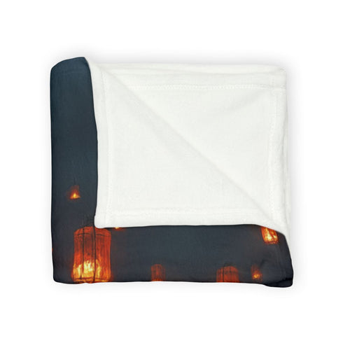 Floating Lanterns Guiding Ghost Ship — 50×60 Plush Throw Blanket — Draped Over Sofa & Bed Lifestyle View