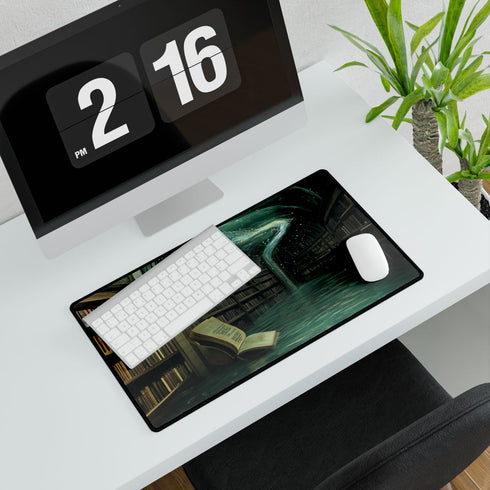Floating Library under Time Vortex — XL & XXL Desk Mat — Gaming & Workspace Desk Setup View