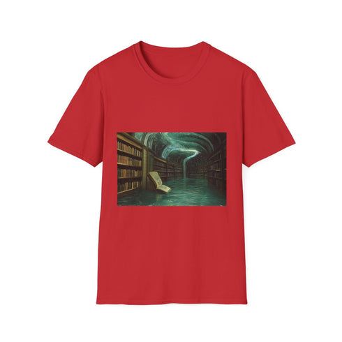 Floating Library under Time Vortex — Graphic Cotton T-Shirt — 100% Ring-Spun Cotton Fabric & Print Detail