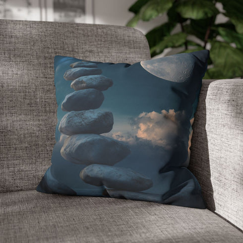 Floating Stones Forming Staircase to Moon — 40×40 Cushion Cover — Sofa & Living Room Lifestyle View