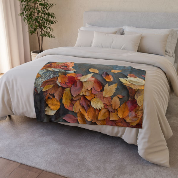 Fox Made of Autumn Leaves (Edition III) — Plush Fleece Throw Blanket — Drape over Sofa & Bed Lifestyle View