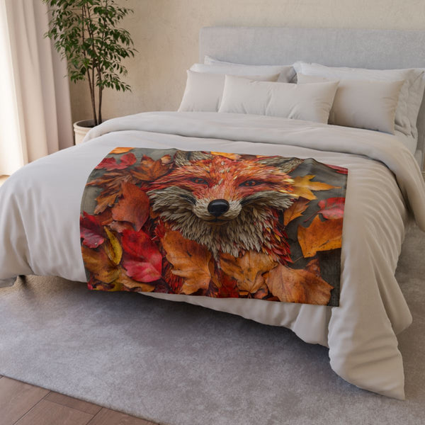 Fox Made of Autumn Leaves — Plush Fleece Throw Blanket — Drape over Sofa & Bed Lifestyle View