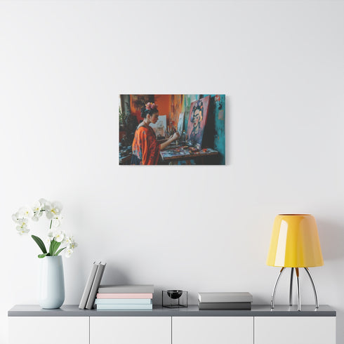 Frida Kahlo Painting in Her Casa Azul Studio — Stretched Canvas Wall Art — Living Room Wall Lifestyle View
