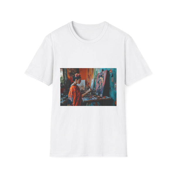 Frida Kahlo Painting in Her Casa Azul Studio — Graphic Cotton T-Shirt — Front Graphic Print View