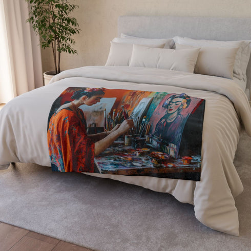 Frida Kahlo Painting in Her Studio, — Plush Fleece Throw Blanket — Drape over Sofa & Bed Lifestyle View