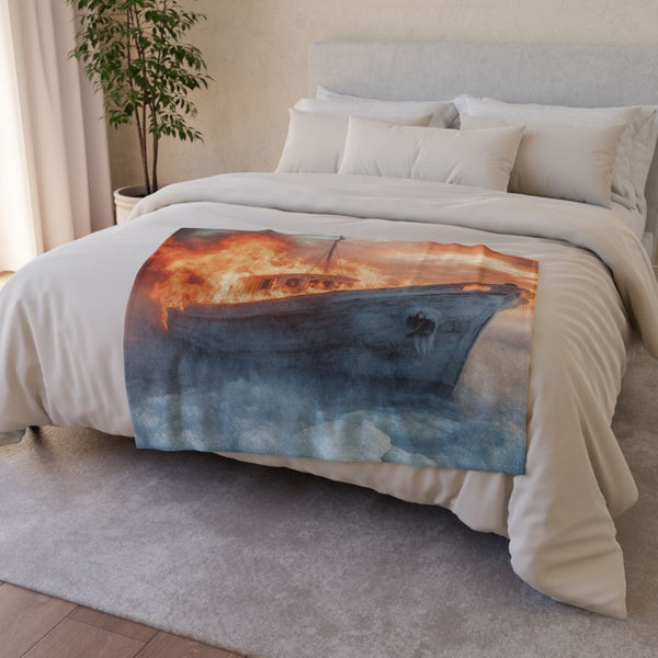 Frozen Ship Adrift in Firestorm (Edition II) — Plush Fleece Throw Blanket — Drape over Sofa & Bed Lifestyle View