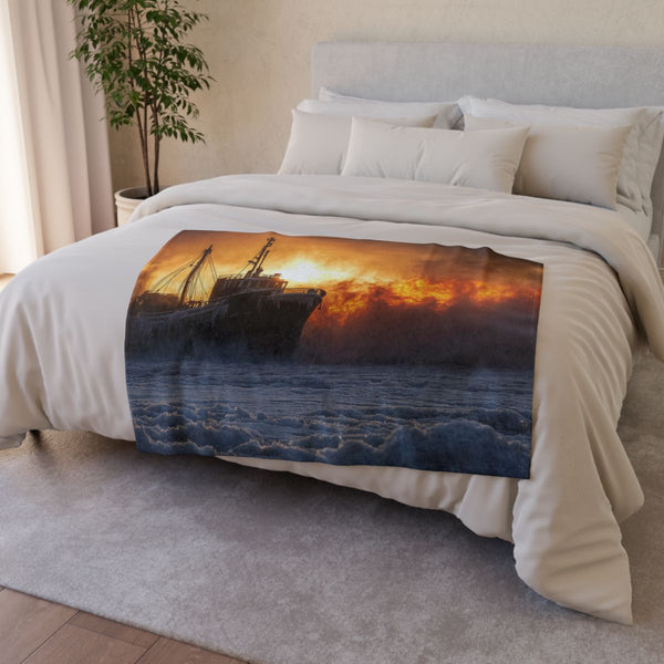 Frozen Ship Adrift in Firestorm (Edition III) — Plush Fleece Throw Blanket — Drape over Sofa & Bed Lifestyle View