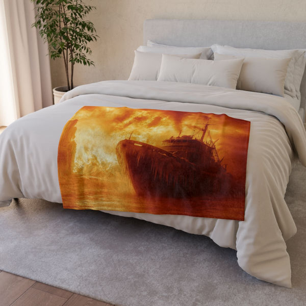Frozen Ship Adrift in Firestorm — Plush Fleece Throw Blanket — Drape over Sofa & Bed Lifestyle View