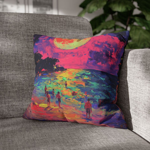 Neon Tropical Beach Full Moon Party — Double-Sided Cushion Cover — Sofa & Armchair Living Room Lifestyle View