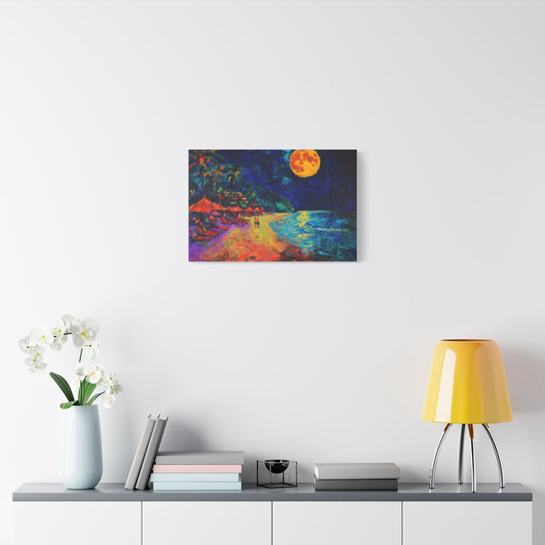 Full Moon Party Beach Night Full Moon Neon Colors P — Stretched Canvas Wall Art — Living Room Wall Lifestyle View