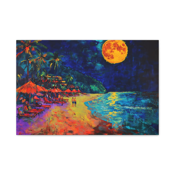 Full Moon Party Beach Night Full Moon Neon Colors P — 24×16 Canvas Wall Art — Front Gallery-Wrapped Canvas View