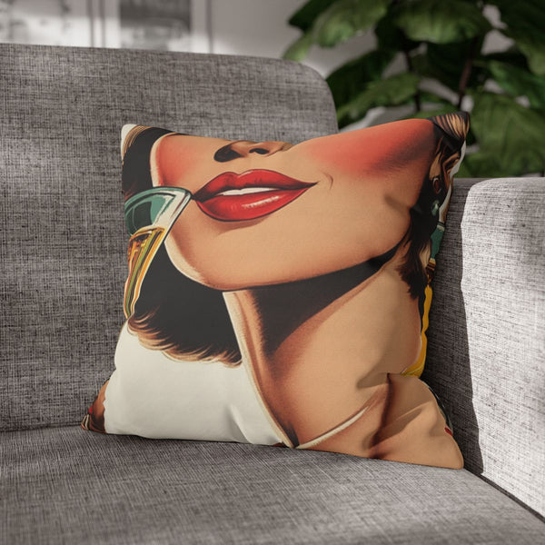 Funny Graphic of a Vintage Woman Toasting with a Ma — 40×40 Cushion Cover — Sofa & Armchair Living Room Lifestyle View