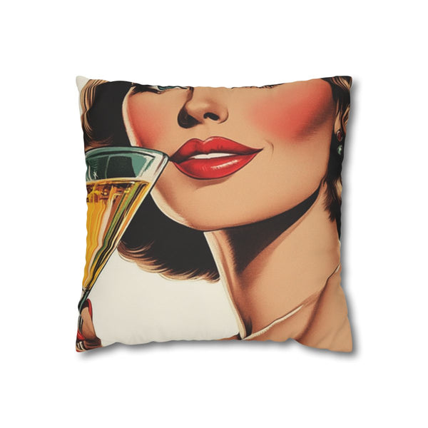 Funny Graphic of a Vintage Woman Toasting with a Ma — 40×40 Cushion Cover — Front 40×40 cm Square Cushion View