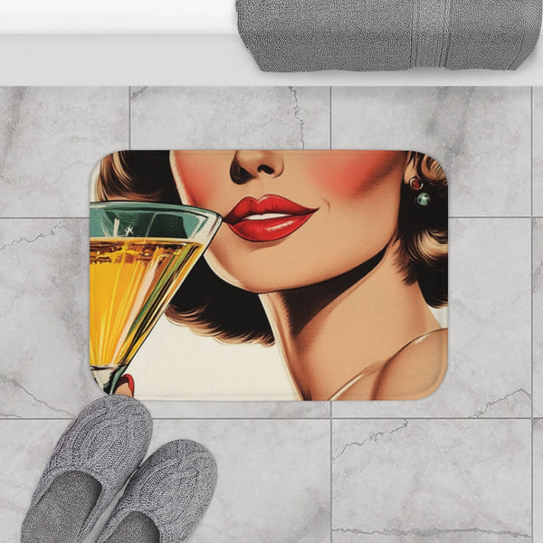 Funny Graphic of a Vintage Woman Toasting with a Ma — 61×43 Memory Foam Bath Mat — Modern Bathroom Floor Lifestyle View