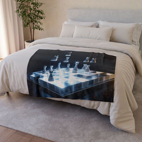 Futuristic Chessboard with Hovering Pieces — Plush Fleece Throw Blanket — Draped Over Sofa & Bed Lifestyle View