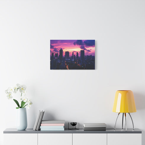 Futuristic Cityscape at Sunset (Edition II) — 24×16 Canvas Wall Art — Living Room Wall Lifestyle View
