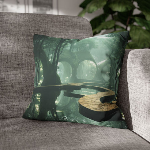 Futuristic Forest with Mirrored Paths — 40×40 Cushion Cover — Double-Sided Back & Concealed Zip Detail
