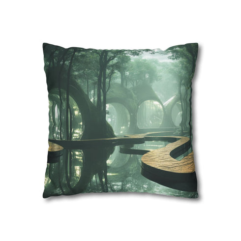 Futuristic Forest with Mirrored Paths — 40×40 Cushion Cover — Sofa & Living Room Lifestyle View