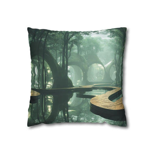 Futuristic Forest with Mirrored Paths — 40×40 Cushion Cover — Front 40×40 cm Square Cushion View
