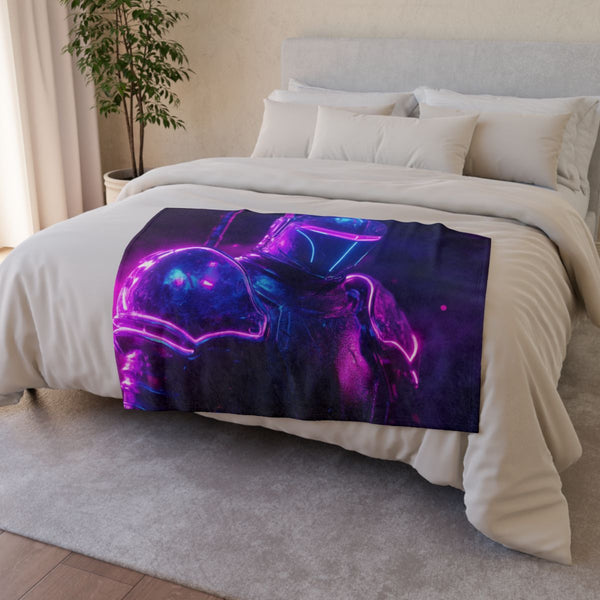 Futuristic Knight in Neon Armor — Plush Fleece Throw Blanket — Drape over Sofa & Bed Lifestyle View
