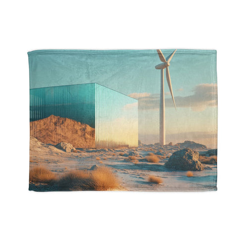 Futuristic Windmill in Glass Desert — Plush Fleece Throw Blanket — Full Spread Plush Fleece Artwork View