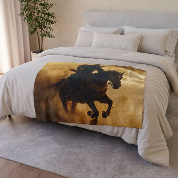 Genghis Khan Charging Across Mongolian Steppe — Plush Fleece Throw Blanket — Drape over Sofa & Bed Lifestyle View