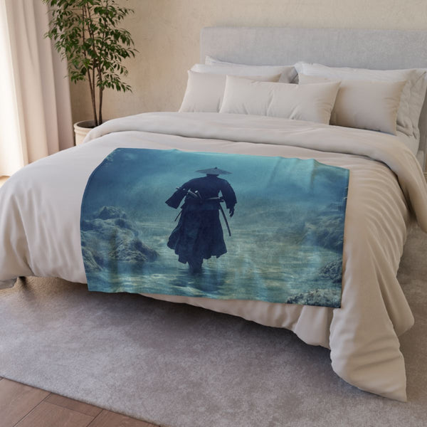 Ghost of Samurai Walking the Ocean — Plush Fleece Throw Blanket — Drape over Sofa & Bed Lifestyle View