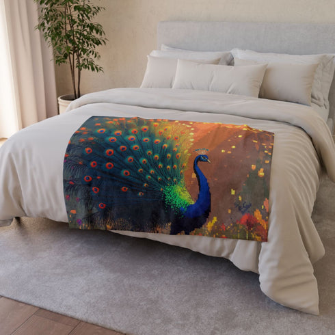 Ghost Peacock in Pixel Forest Plush Fleece Throw Blanket