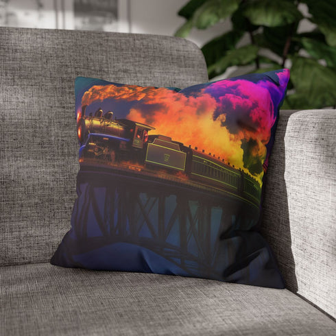 Ghostly Train Crossing Rainbow Bridge — 40×40 Cushion Cover — Sofa & Living Room Lifestyle View