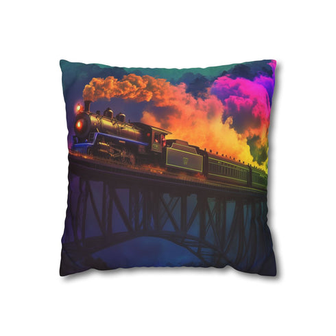 Ghostly Train Crossing Rainbow Bridge — 40×40 Cushion Cover — Front 40×40 cm Square Cushion View